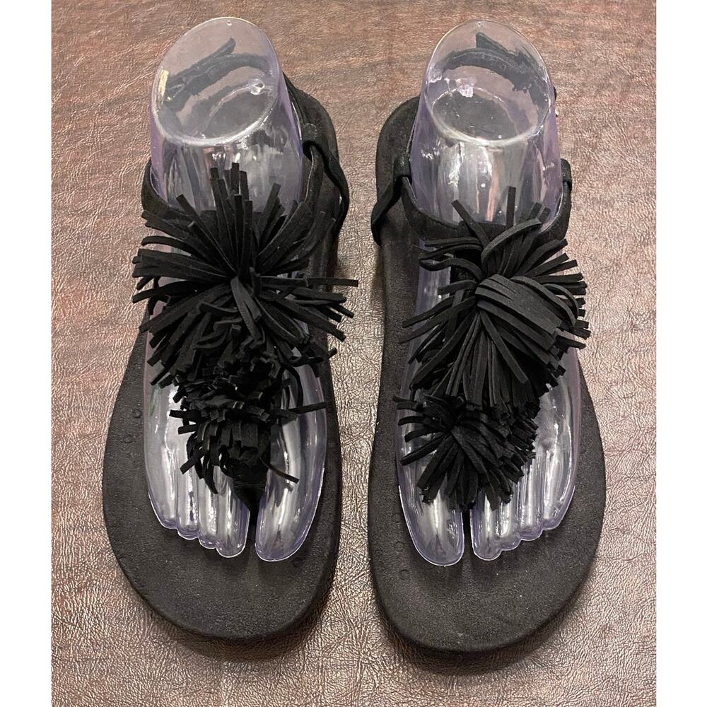 Vionic Womens 9 Black Suede Fringe Sandals Comfort Orthotic T-Strap Walking Shoe